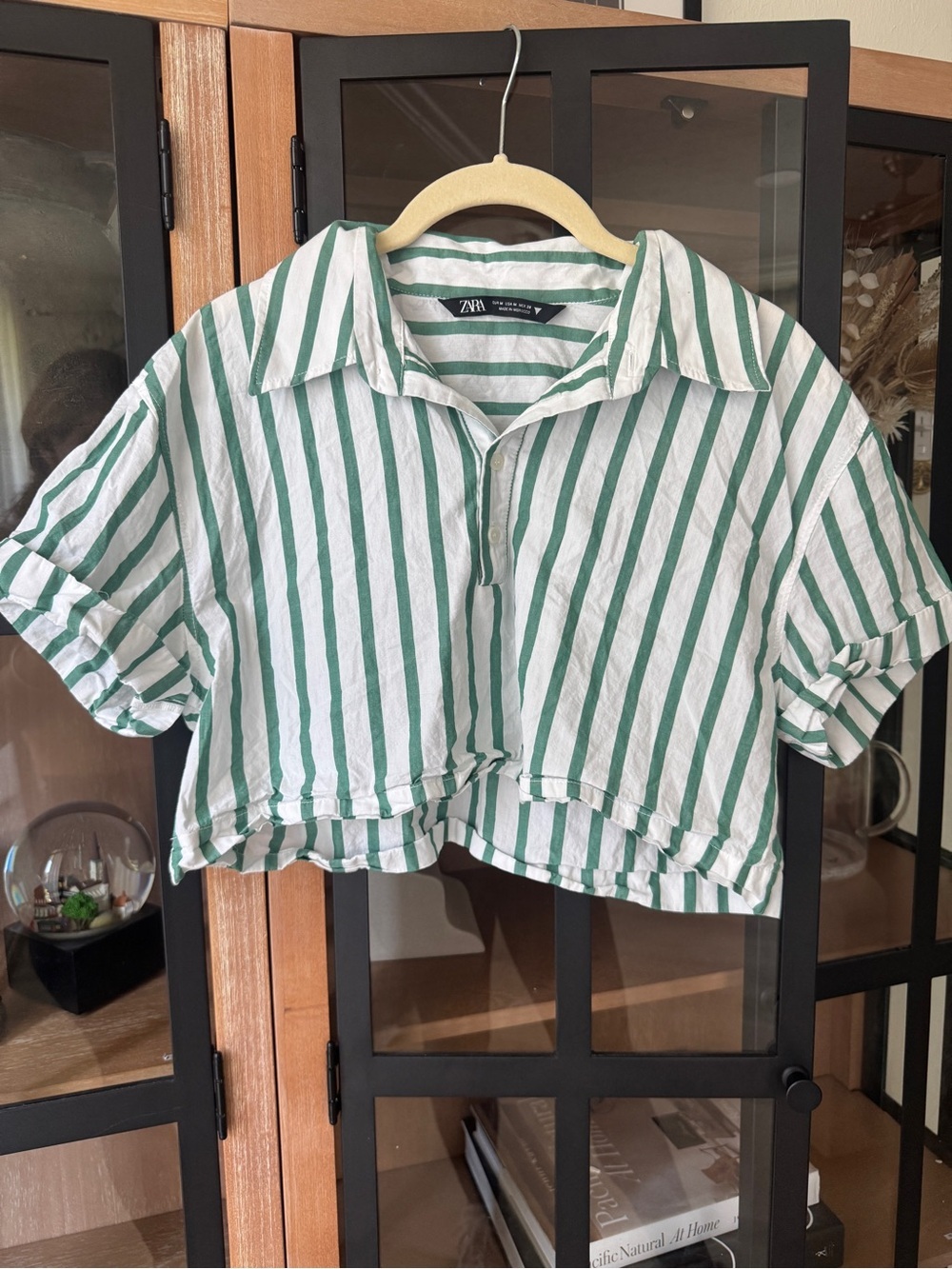 Zara striped Polo collar shirt top cropped buttons Short cuffed sleeves kelly